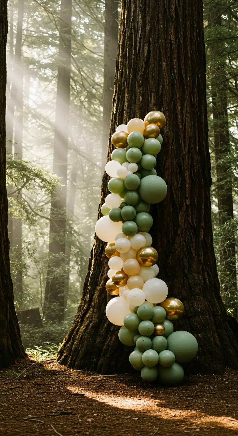 Ballongirlande in Grün, Weiß und Gold an einem Baumstamm im Wald