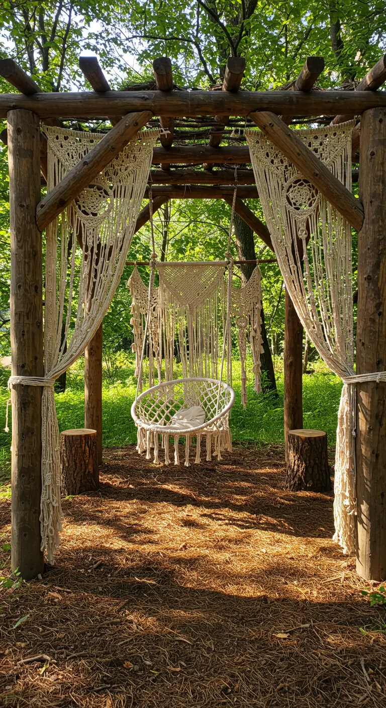 Makramee-Vorhänge und ein passender Hängesessel unter einer rustikalen Holzpergola im Wald.