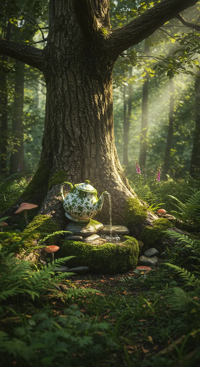 Moosbewachsene Teekanne als Brunnen im Wald, umgeben von Farnen und Pilzen.