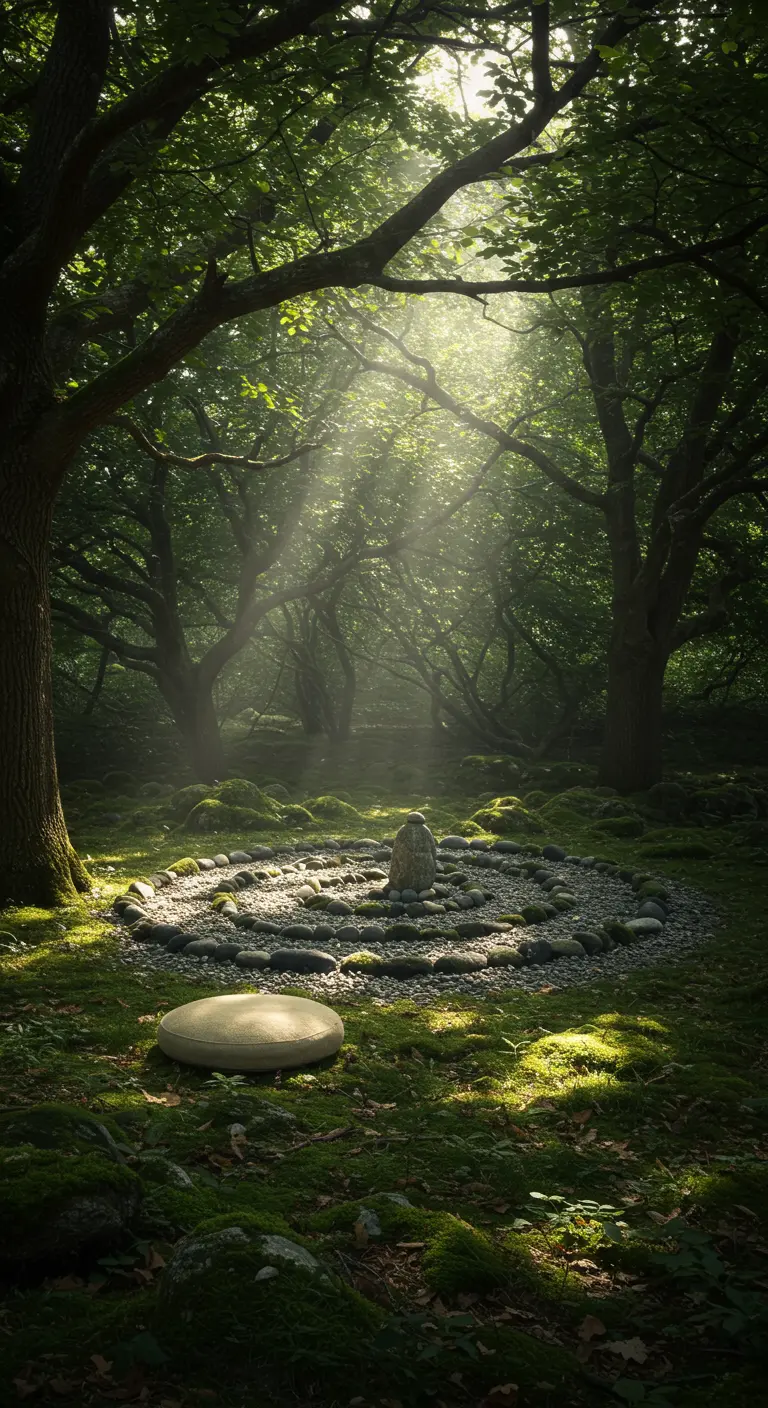 Ein Steinkreis-Mandala auf moosigem Waldboden, durch das Sonnenstrahlen scheinen.