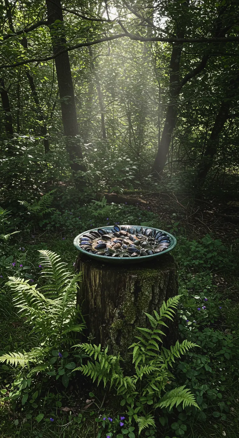 Dunkle Vogeltränke mit schimmernden Muscheln auf einem moosigen Baumstumpf im Wald.