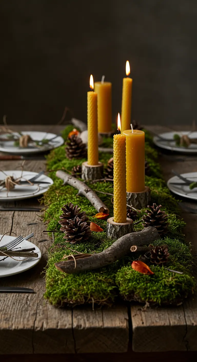 Rustikaler Tischläufer aus Moos mit Bienenwachskerzen und Tannenzapfen.