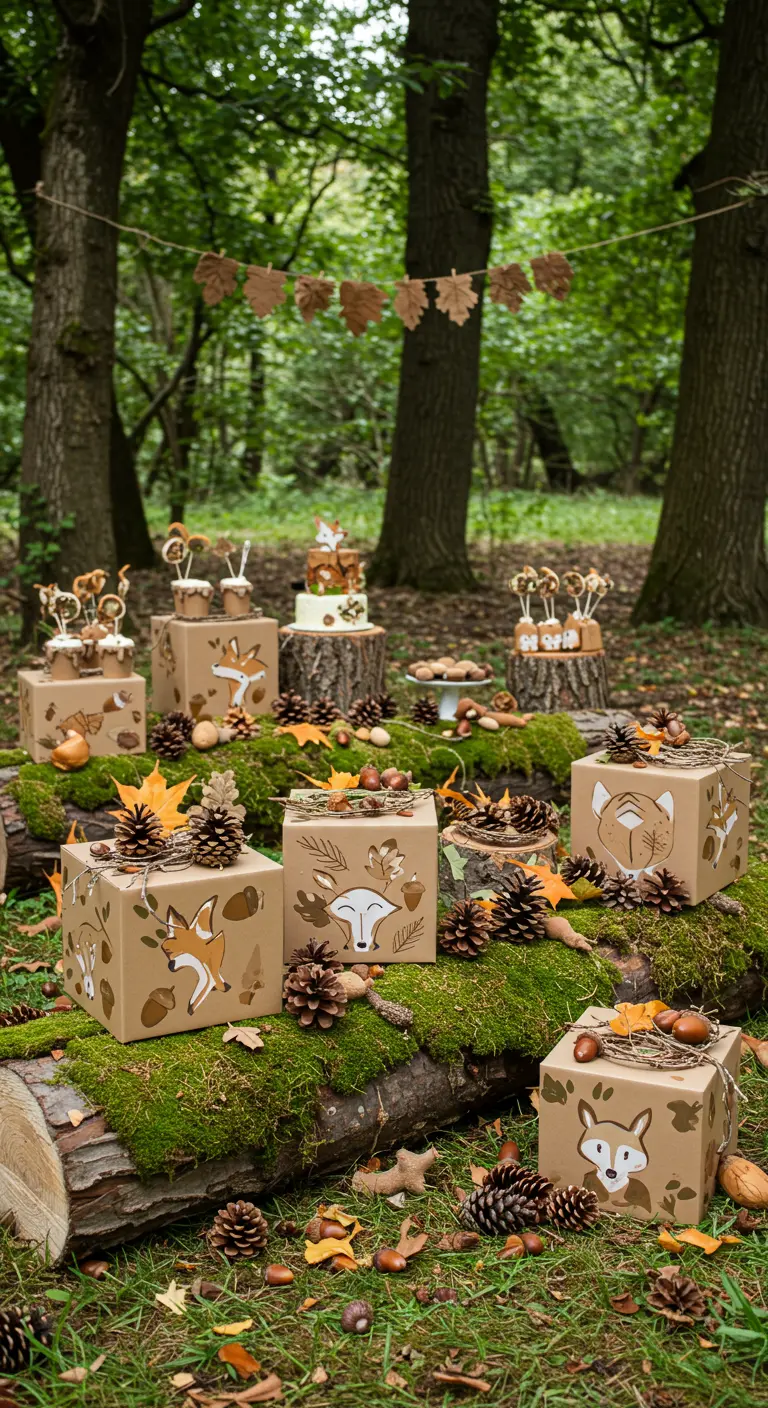 Mit Fuchsmotiven bemalte Geschenke auf einem moosbewachsenen Baumstamm im Wald.