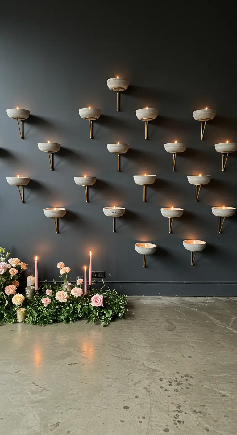 Dunkle Wand mit einem Raster aus wandmontierten Beton-Messing-Kerzenhaltern, die wie Fackeln wirken.