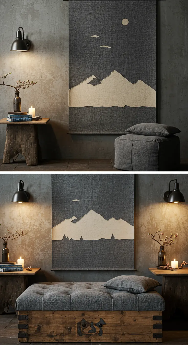 Großer Wandbehang aus Filz mit einer stilisierten Berglandschaft.