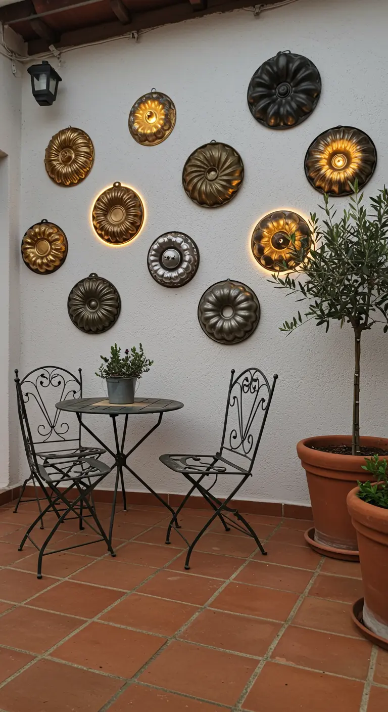 Verschiedene alte Backformen an einer weißen Wand, einige von hinten beleuchtet.