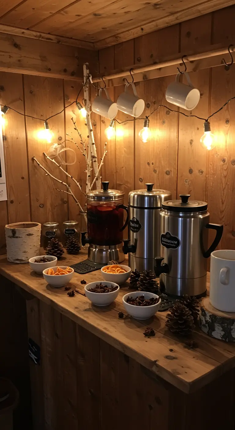 Glühwein-Bar mit Tassen, Gewürzen und Lichterketten in einer Holzecke.