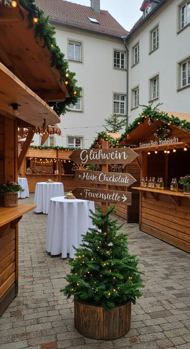 Ein rustikaler Wegweiser aus Holz, der zu Glühwein und Feuerstelle zeigt.