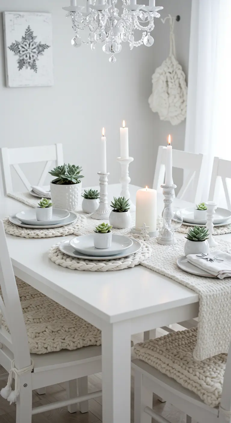 Komplett weiße Tischdekoration mit gestrickten Tischsets und Sukkulenten.