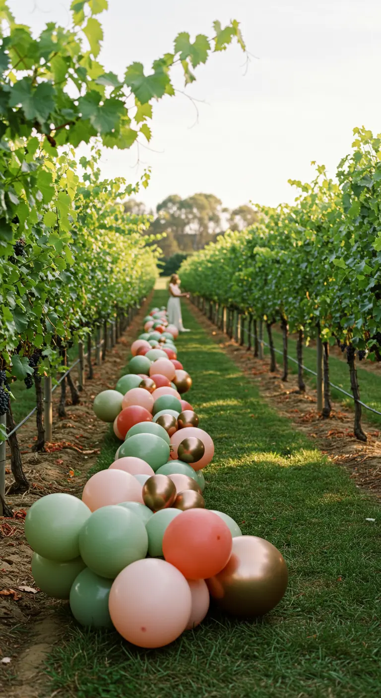 Bodengirlande aus Ballons in Grün-, Rosa- und Kupfertönen in einem Weinberg