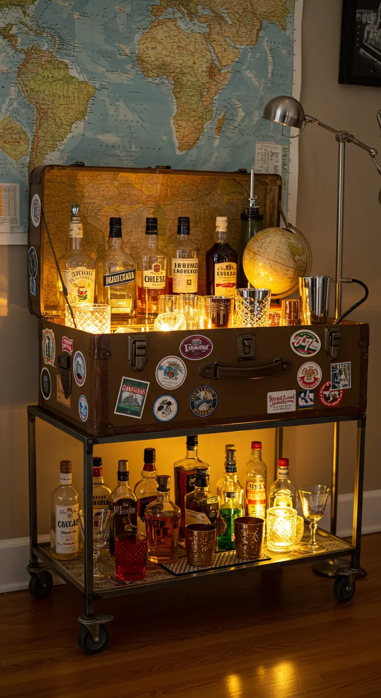 Ein alter Reisekoffer auf einem Wagen, umfunktioniert zu einer beleuchteten Bar mit Weltkarte im Hintergrund