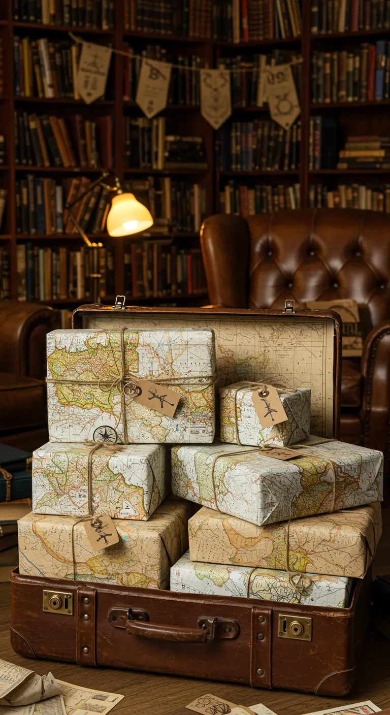 Geschenke, eingewickelt in alte Landkarten, gestapelt in einem offenen Vintage-Koffer.