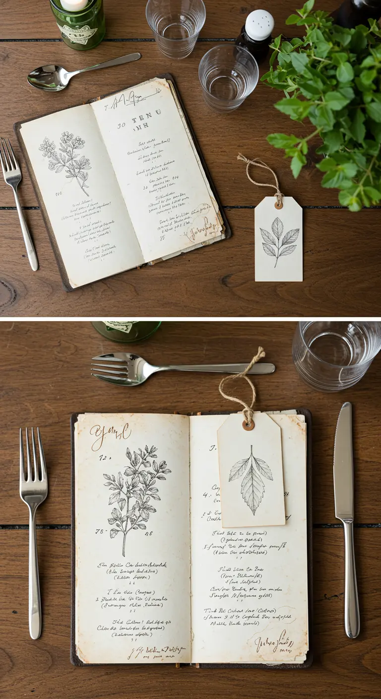 Offenes Notizbuch mit botanischen Zeichnungen dient als Menü neben einem Gedeck.