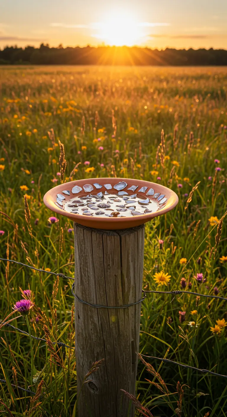 Terrakotta-Vogelbad mit Muscheln auf einem Holzzaunpfahl in einer Wiese bei Sonnenuntergang.