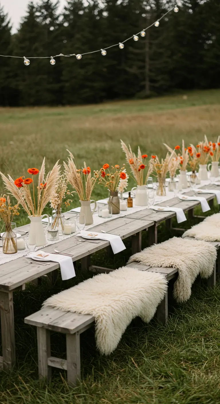 Langer Holztisch mit Bänken und Lammfellen, dekoriert mit kleinen Vasen voller Trockenblumen