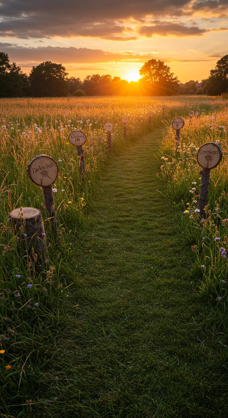 Runde Holzschilder auf Baumstümpfen entlang eines Wiesenpfades bei Sonnenuntergang.