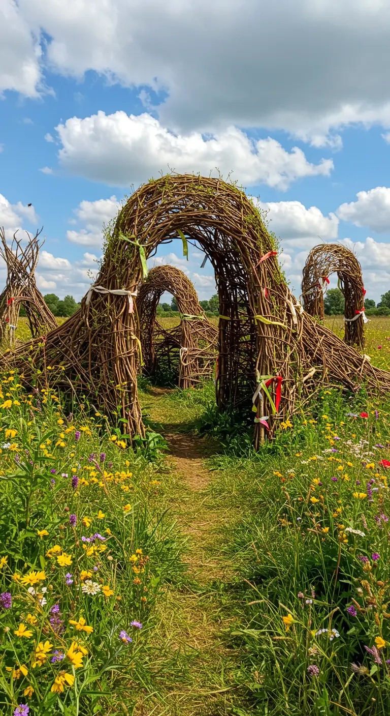 Verspielte, unregelmäßige Weidenbögen in einer bunten Wildblumenwiese.
