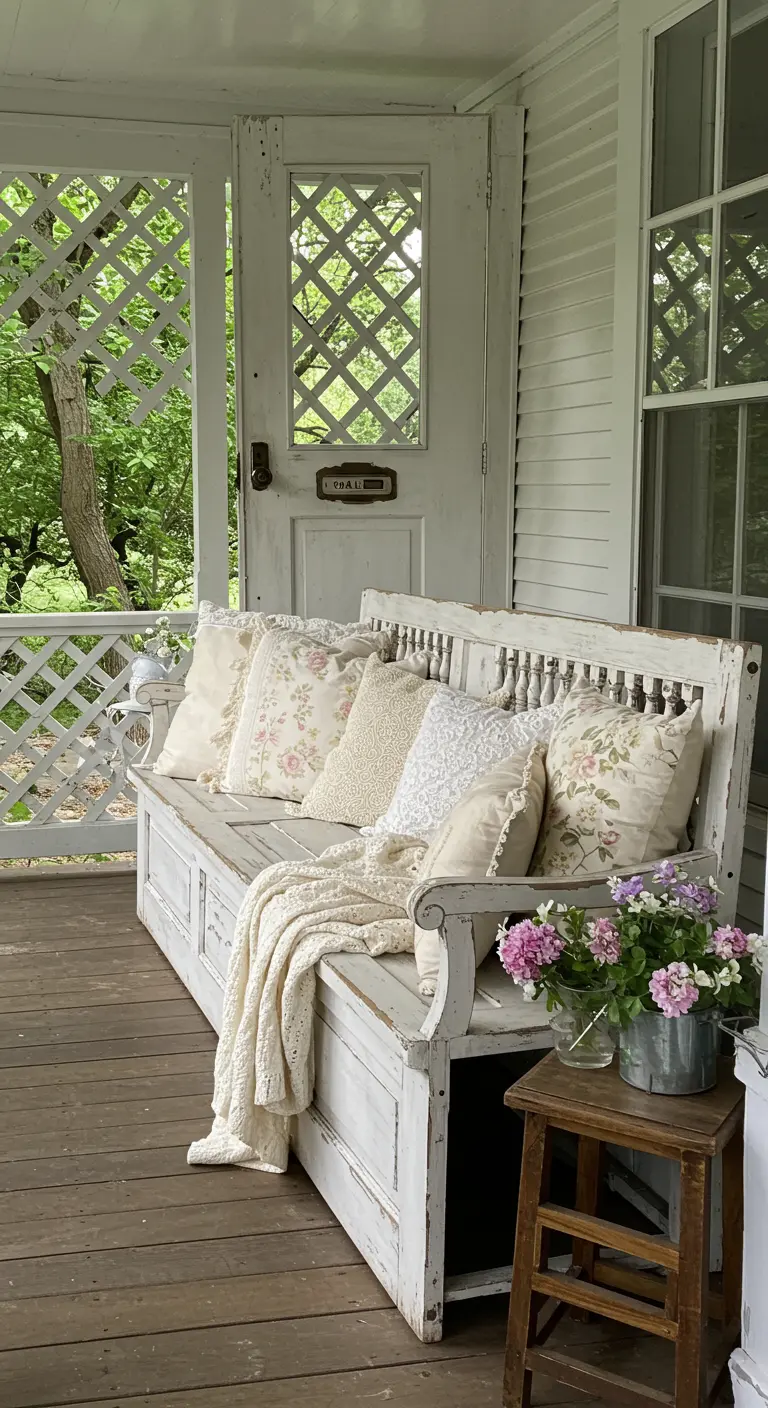Weiße Shabby-Chic-Bank aus einer Tür mit vielen Kissen auf einer Veranda.
