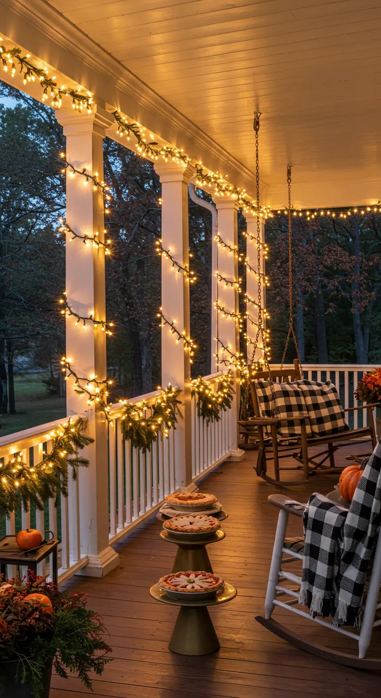 Weiße Veranda mit Säulen, die dicht mit Lichterketten und Tannengrün umwickelt sind