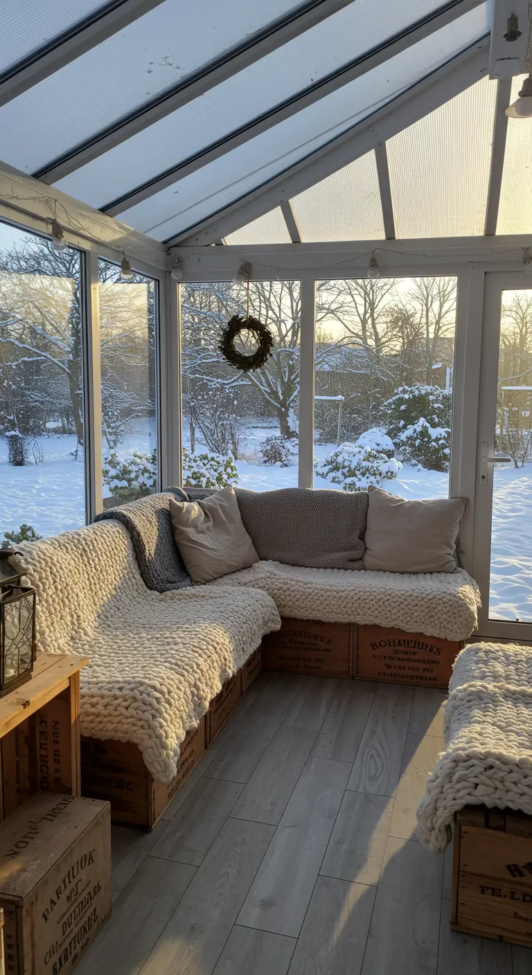 Eine Ecklounge aus Weinkisten mit dicken Wolldecken in einem Wintergarten mit Schneeblick.