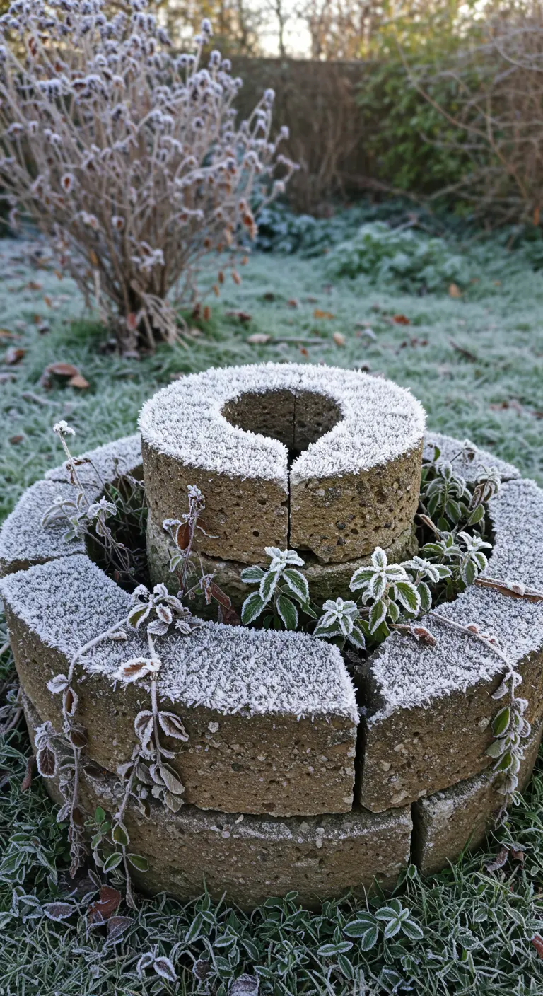 Eine kleine, von Raureif bedeckte Kräuterspirale aus Betonsteinen im winterlichen Garten.