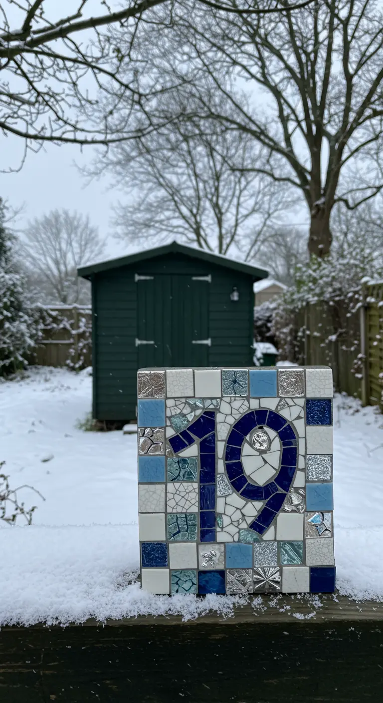 Blau-weißes Mosaik mit der Zahl 19 steht auf einer schneebedeckten Holzbrüstung im Winter.