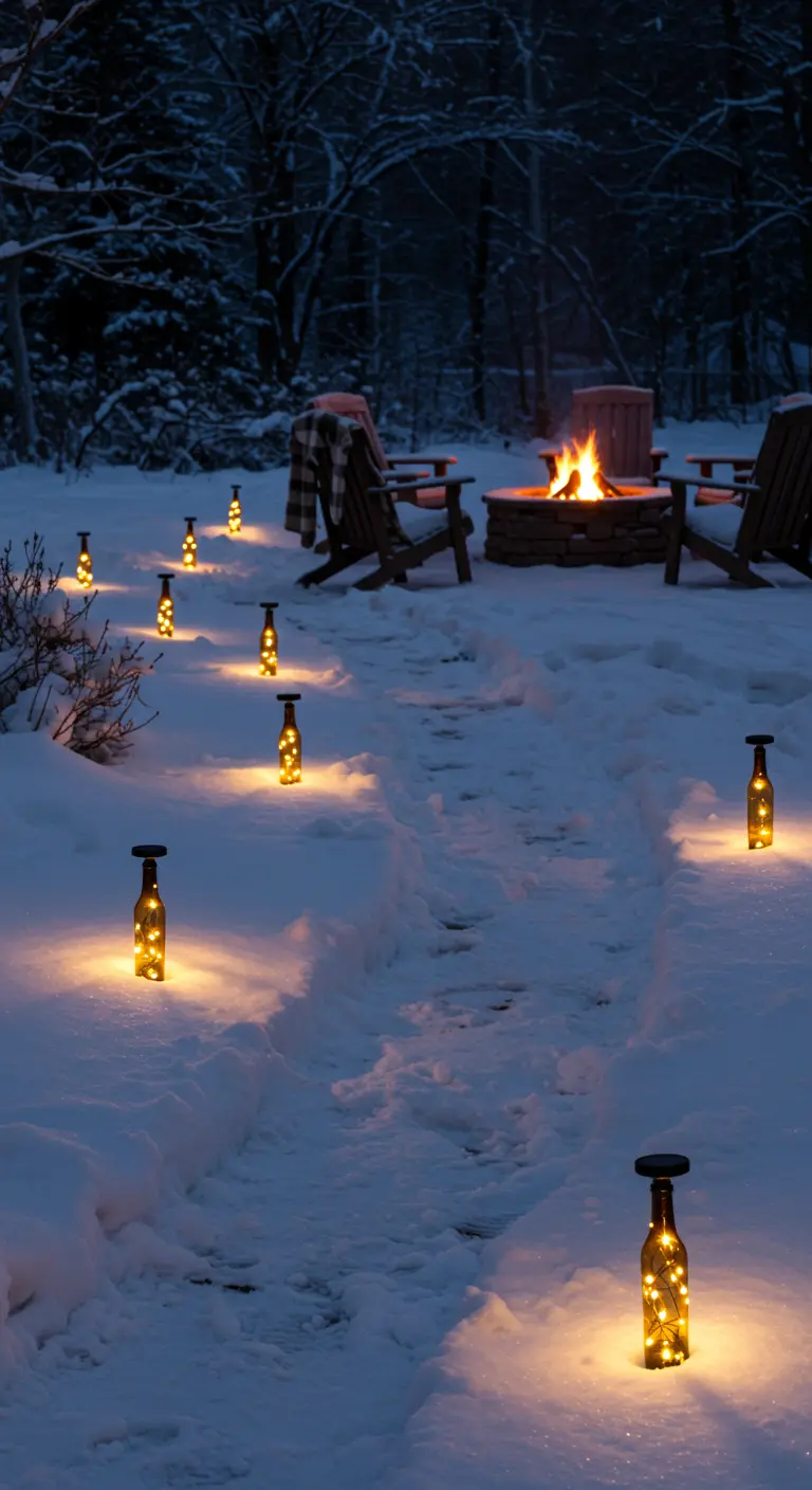 Ein verschneiter Garten mit Feuerstelle, der Weg dorthin ist von warmen Flaschenlichtern markiert.
