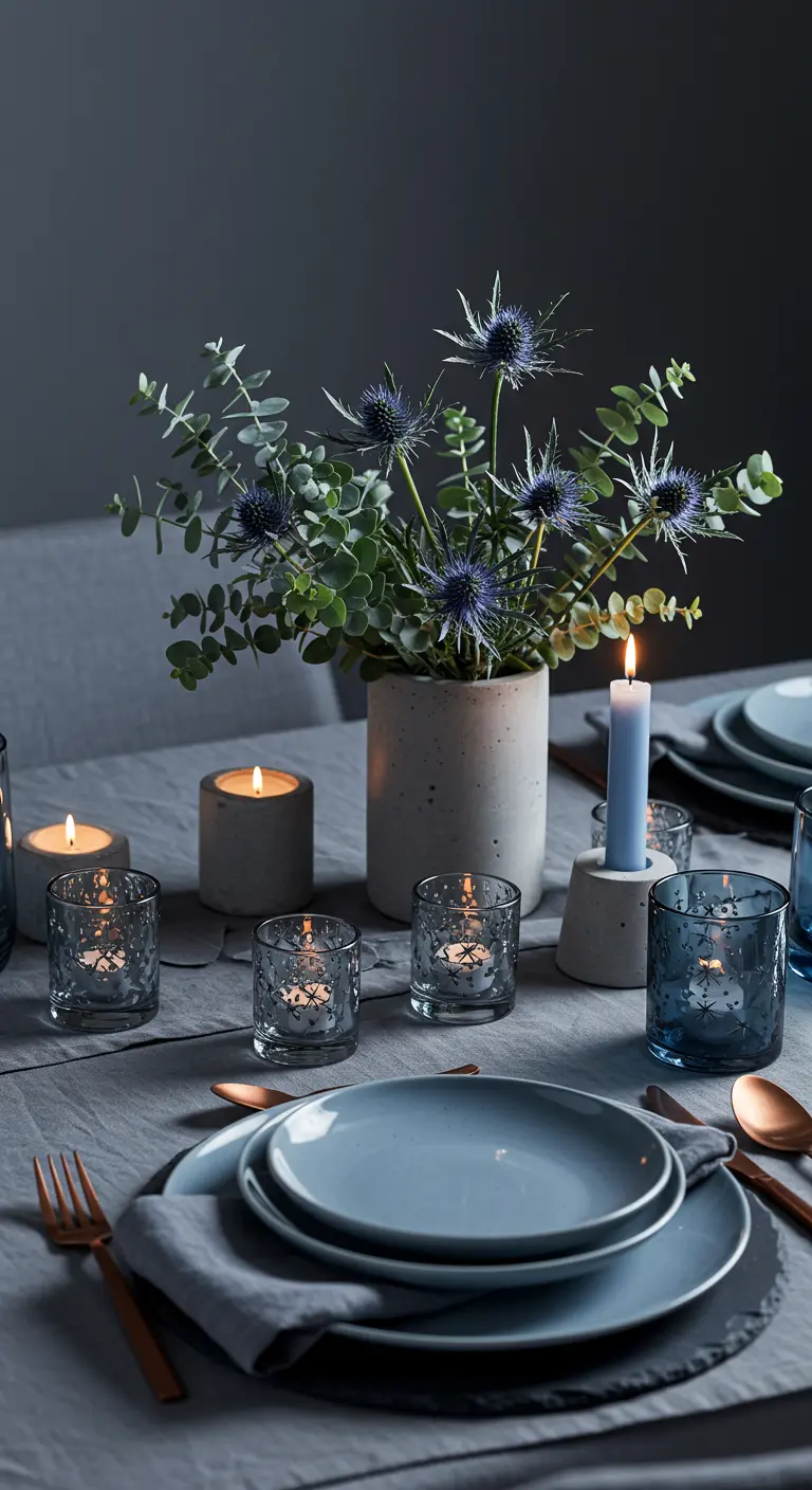 Tischdeko in Grau- und Blautönen mit Betonvasen, blauen Kerzen und Eukalyptus.