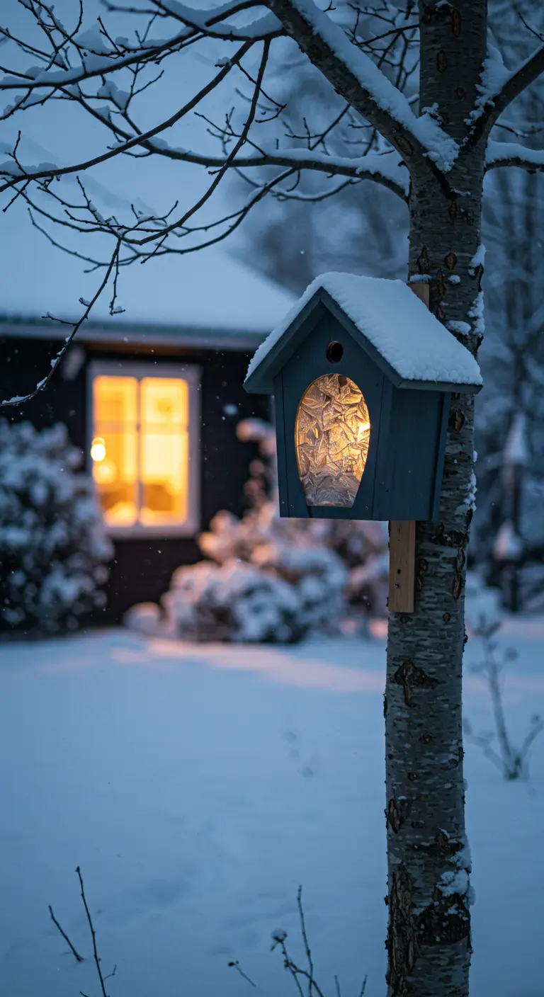 Blaues Vogelhaus mit einem von innen beleuchteten, eisblumenartigen Fenster in einer Winterlandschaft.