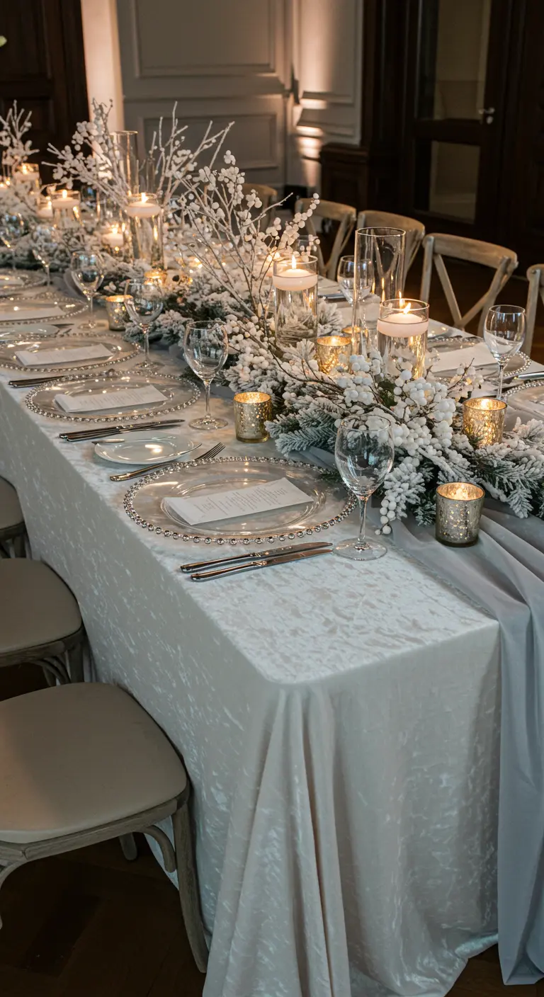 Winterliche Hochzeitstafel mit verschneiten Zweigen, weißen Beeren und Kerzenlicht.