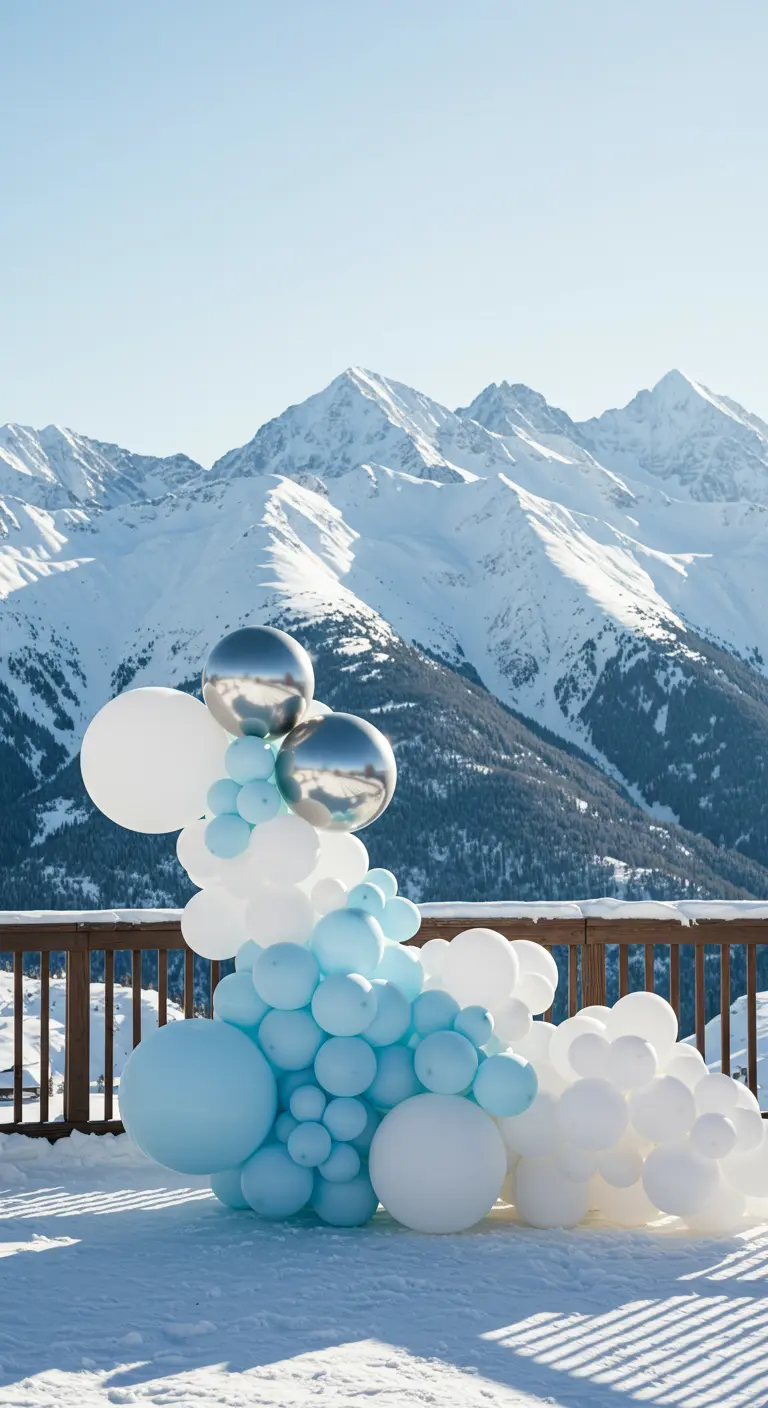 Balloninstallation in Hellblau, Weiß und Silber vor verschneiten Bergen