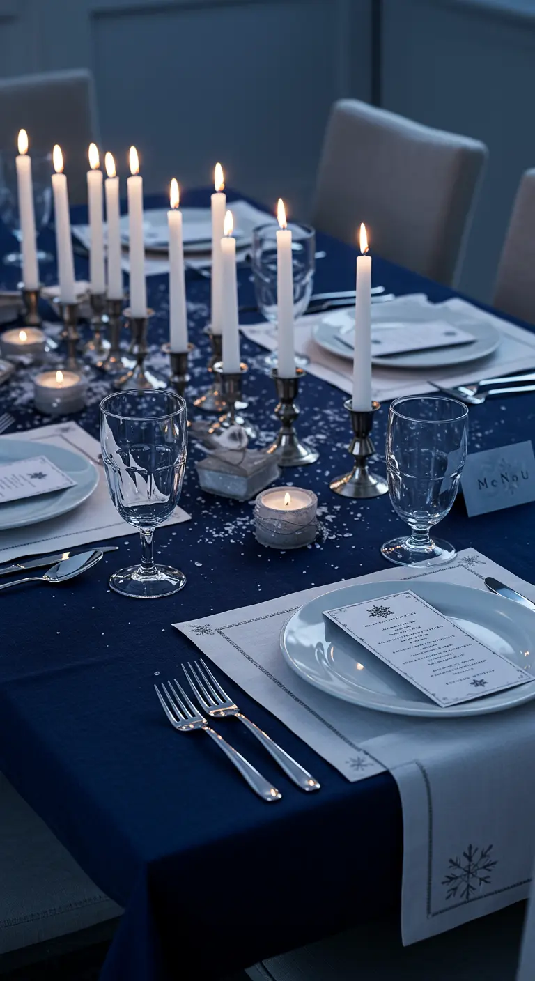 Festlich gedeckter Tisch in Blau und Weiß mit vielen Kerzen und Schneeflocken-Motiven.