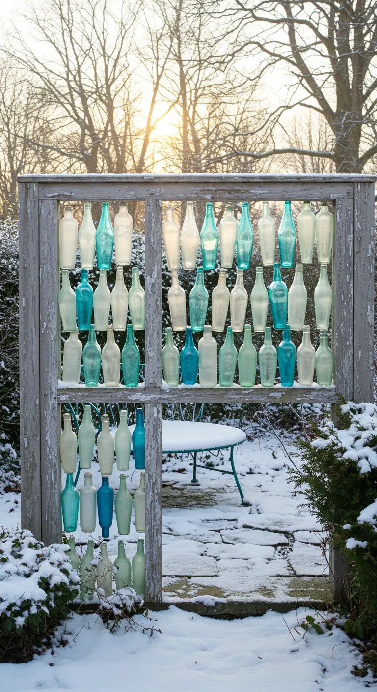 Ein Flaschenzaun aus weißen und blauen Flaschen in einem verschneiten Wintergarten bei Sonnenaufgang.