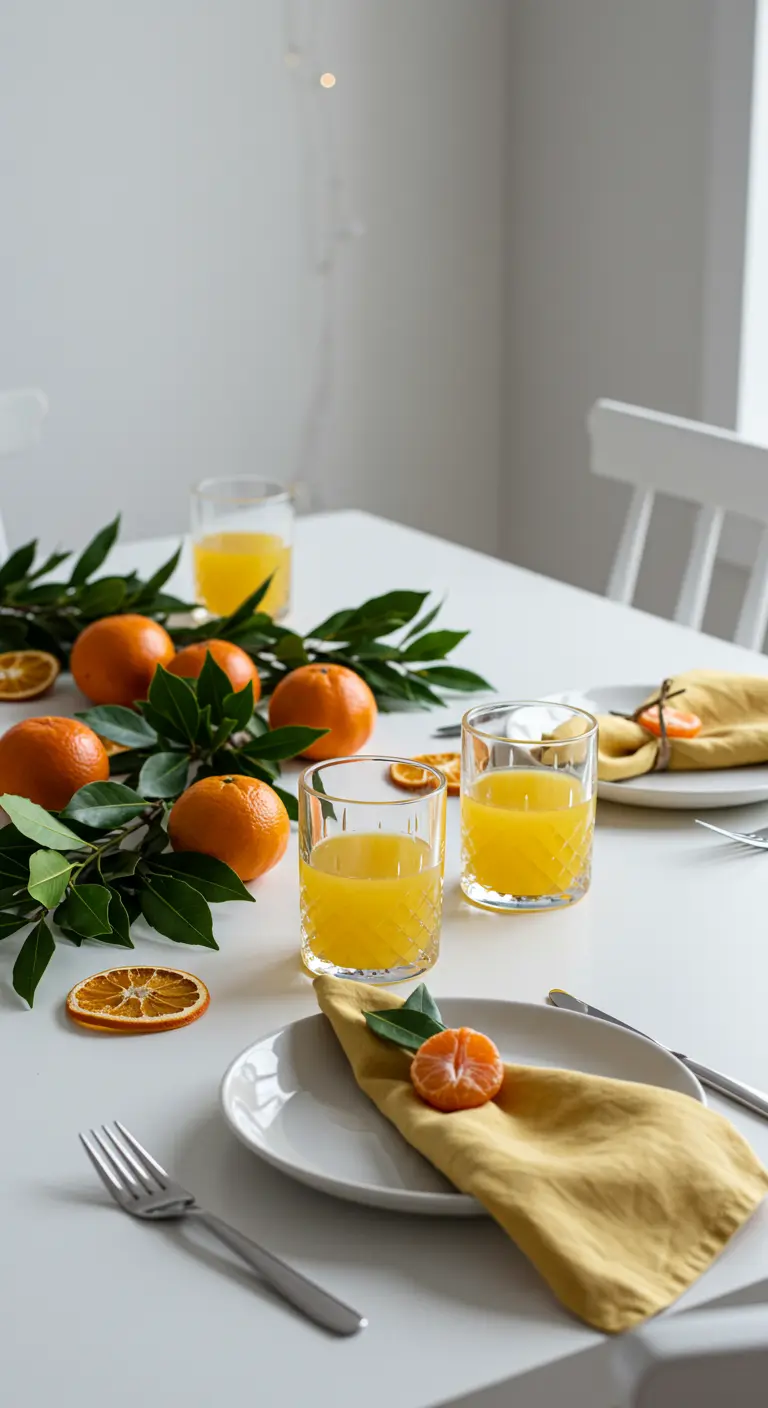 Tischdeko mit einer Girlande aus Orangen und grünen Lorbeerblättern.