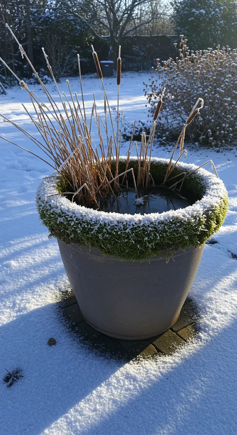 Ein Mini-Teich in einem Topf im Winter, der Moosrand und die Gräser sind mit Raureif bedeckt.