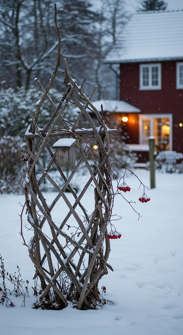 Schneebedeckte, obeliskförmige Treibholz-Rankhilfe im winterlichen Garten.