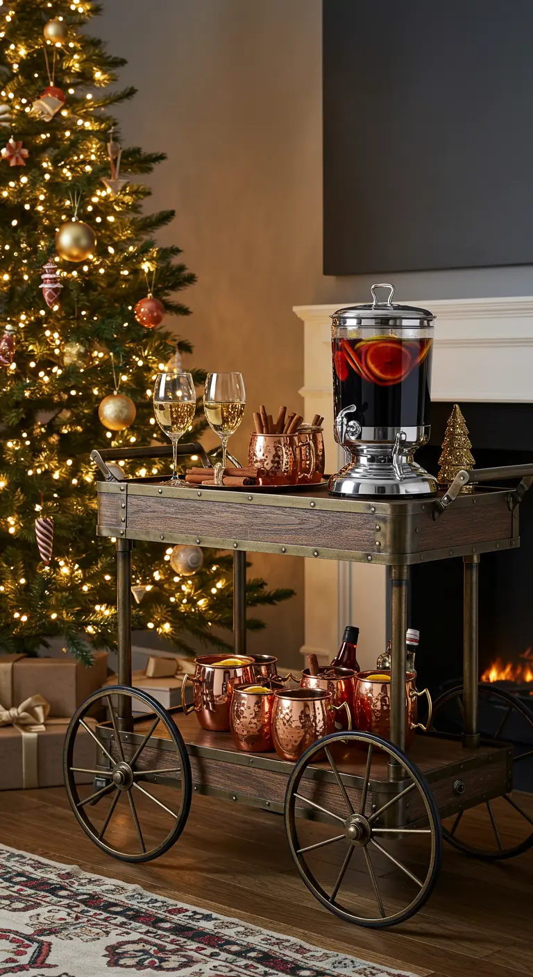 Festlich dekorierter Barwagen mit einem Glühweinspender und Kupferbechern vor einem Weihnachtsbaum