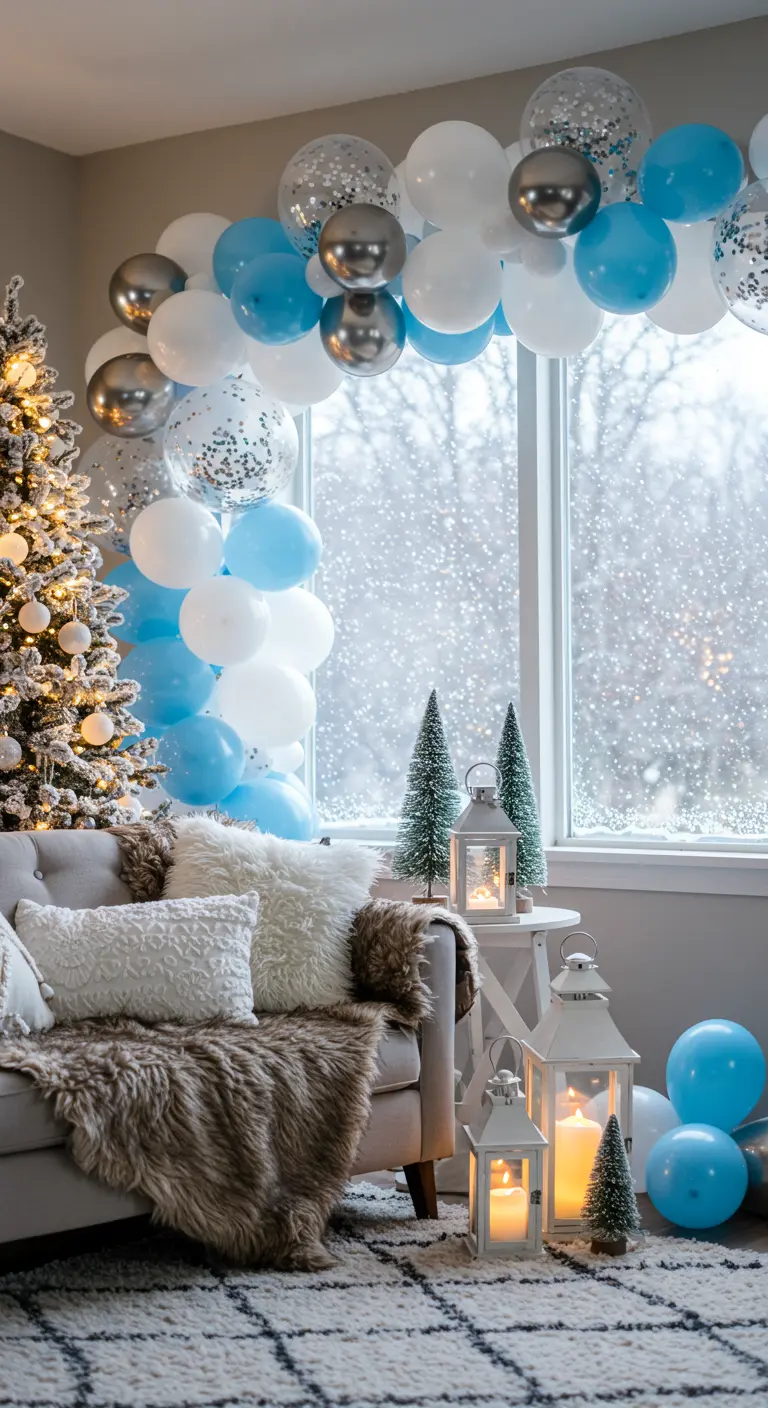 Winterlicher Ballonbogen in Blau, Weiß und Silber um ein verschneites Fenster