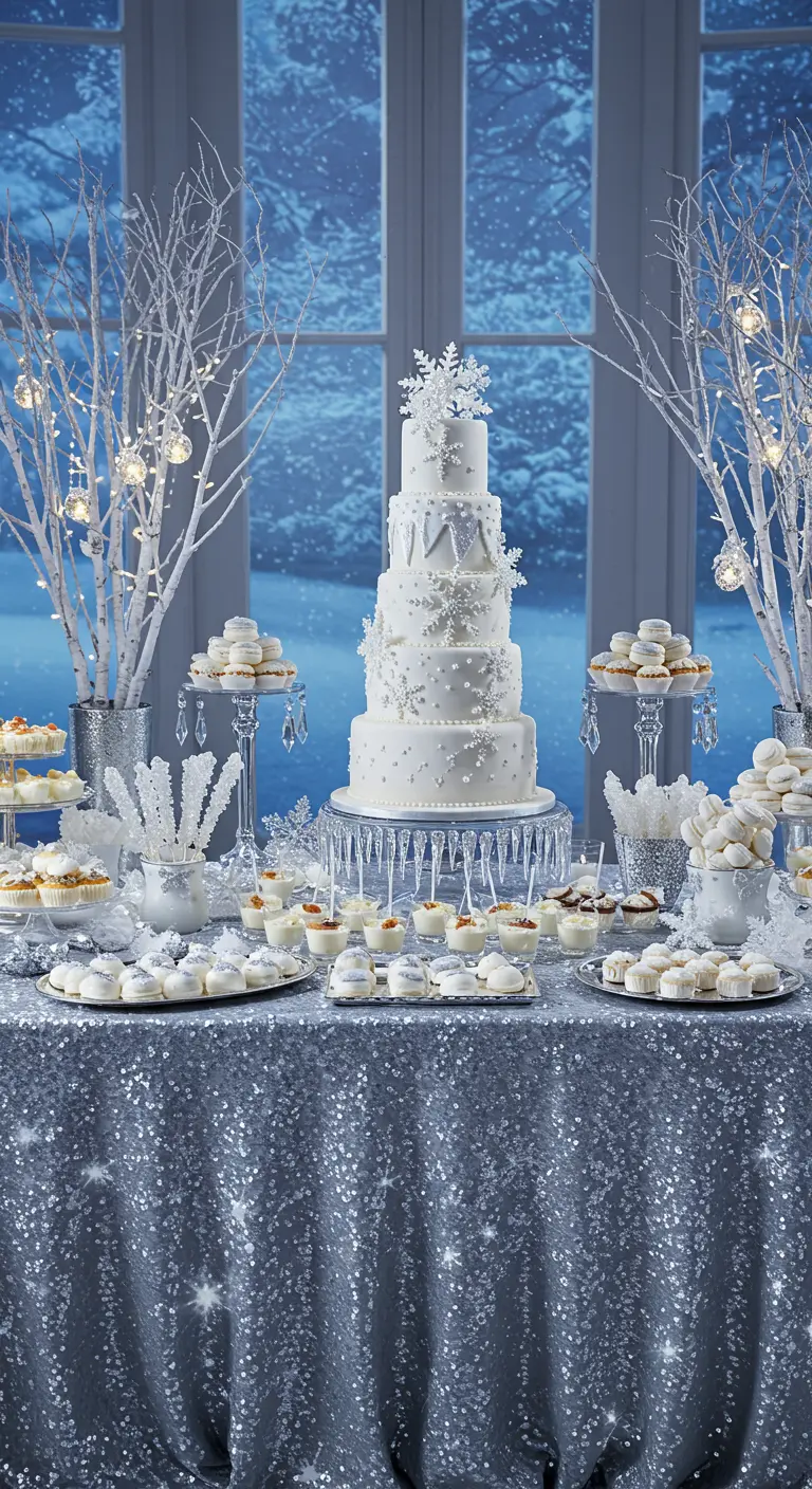 Eleganter Desserttisch in Silber und Weiß mit einer mehrstöckigen Schneeflockentorte.