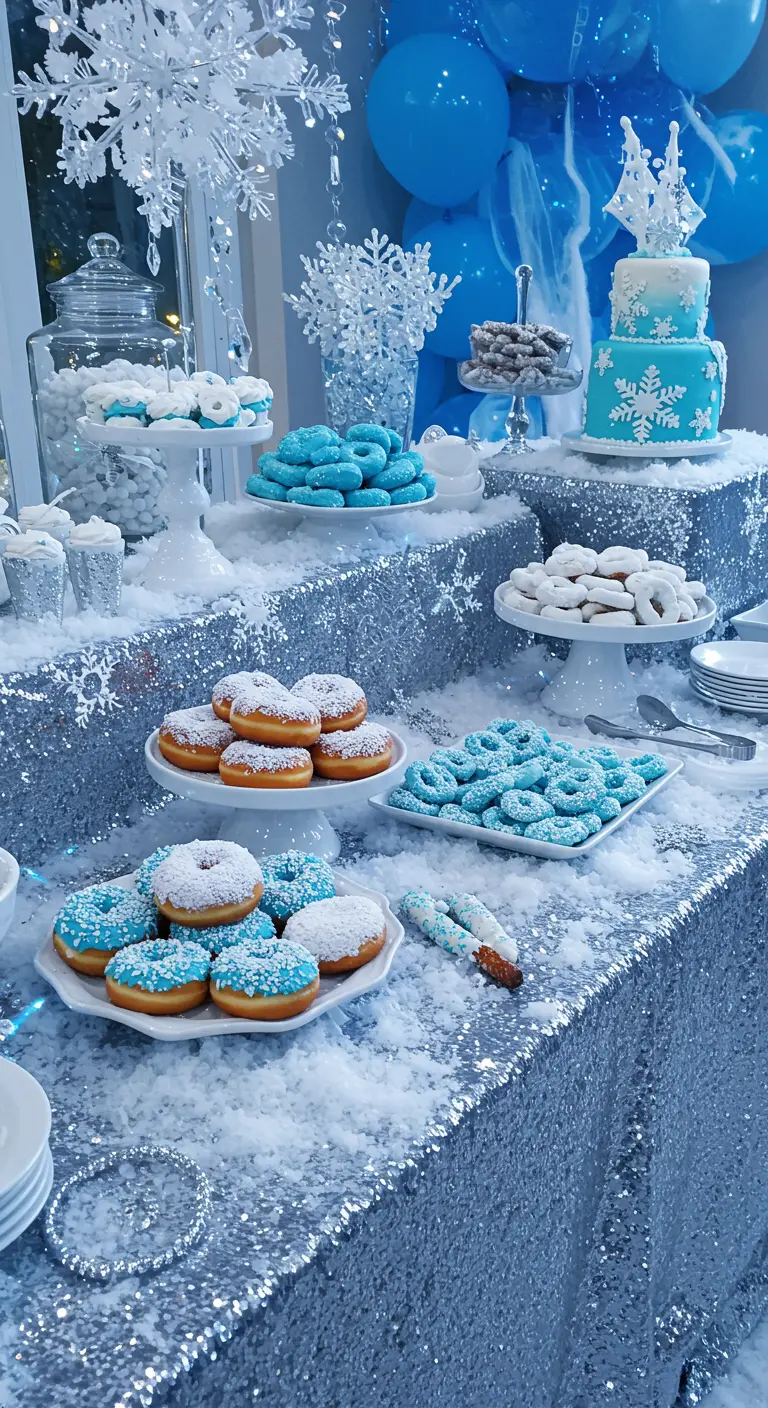 Winterliches Buffet in Silber und Eisblau mit Kunstschnee, Pailletten und Schneeflocken-Deko