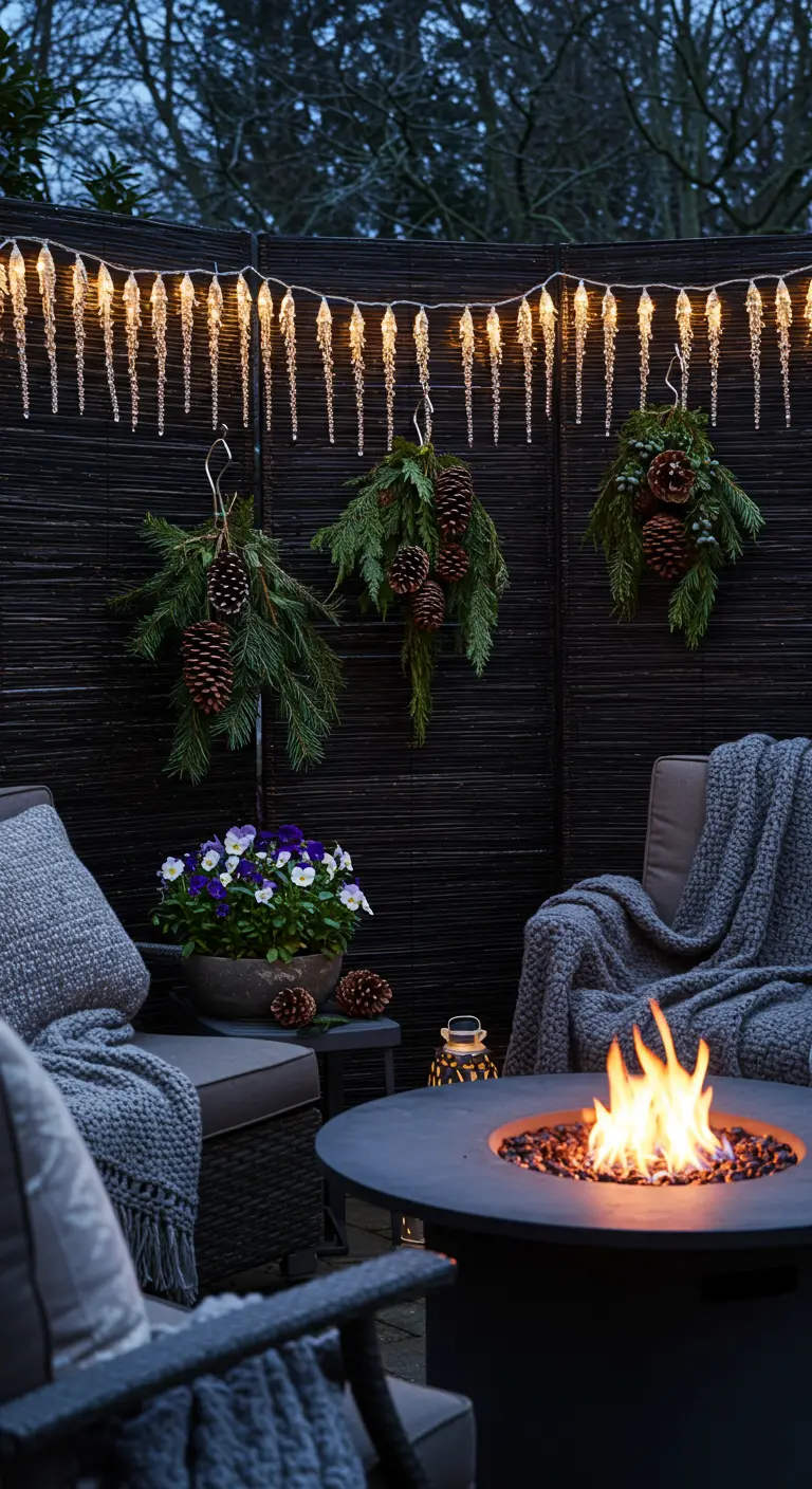 Winterliche Terrasse mit dunkler Bambuswand, Eiszapfen-Lichterkette, Tannenzweigen und einer brennenden Feuerschale.