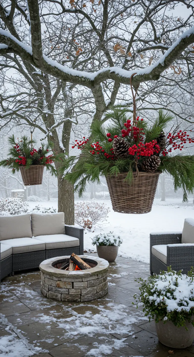 Hängende Weidenkörbe mit Tannenzweigen, roten Beeren und Zapfen in einer verschneiten Winterlandschaft.