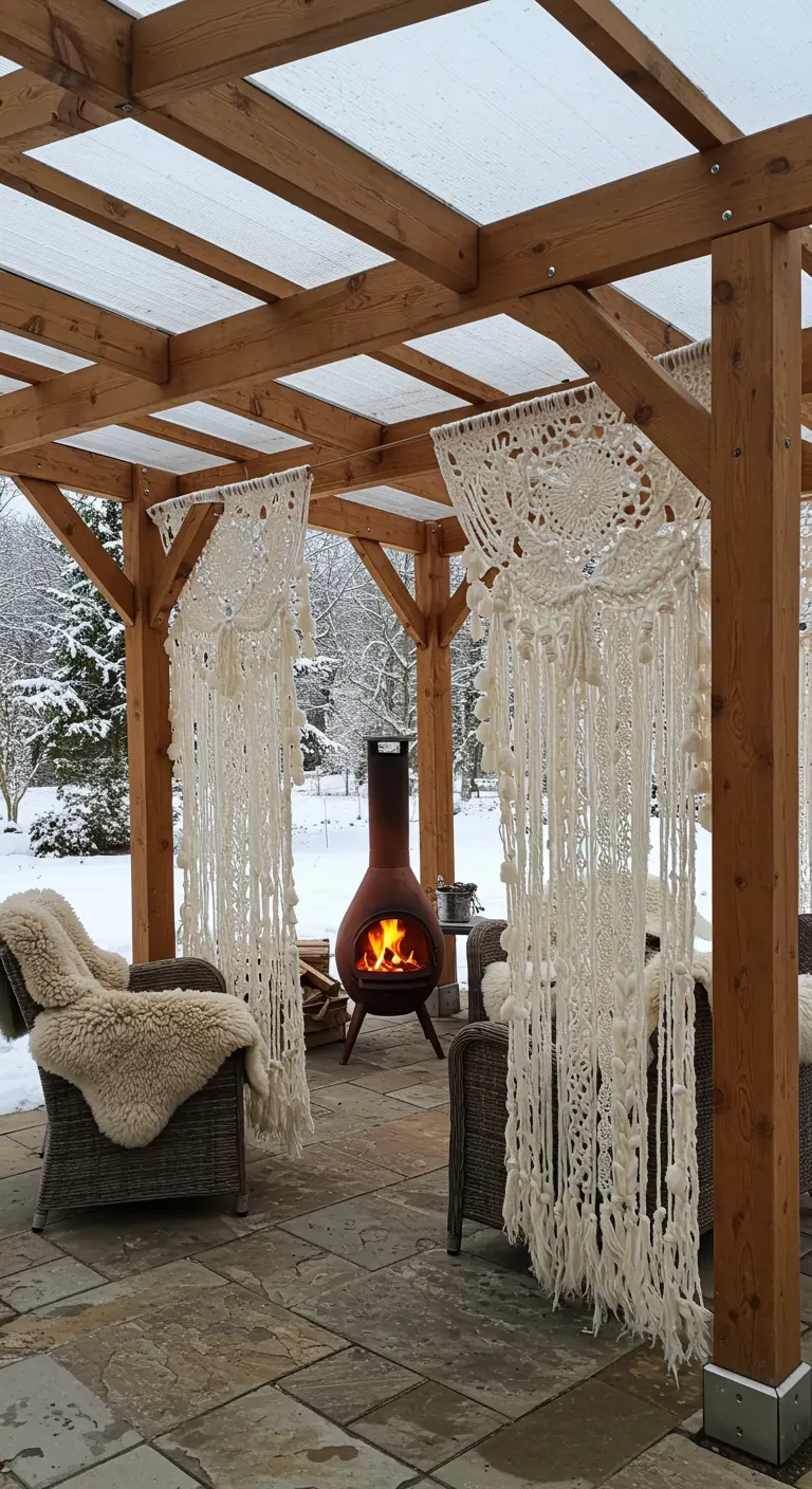 Makramee-Vorhänge an einer Pergola auf einer verschneiten Terrasse mit einem Kaminofen.