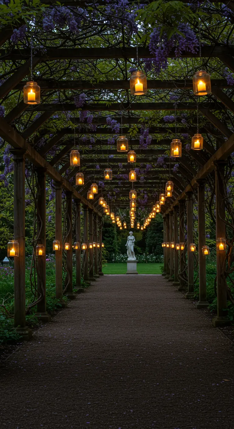 Eine mit Blauregen bewachsene Pergola, beleuchtet von Reihen hängender Kerzenlaternen.