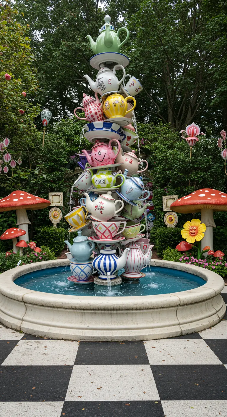 Großer, bunter Brunnen aus vielen gestapelten Teekannen und Tassen im Wunderland-Stil.