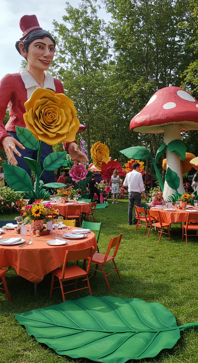Gartenparty mit riesigen Blumen- und Pilz-Requisiten und bunten Tischen