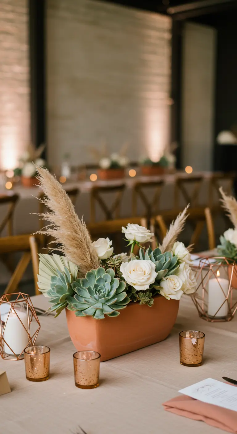 Terrakotta-Schale mit Sukkulenten, weißen Rosen und Pampasgras als Tisch-Mittelpunkt.