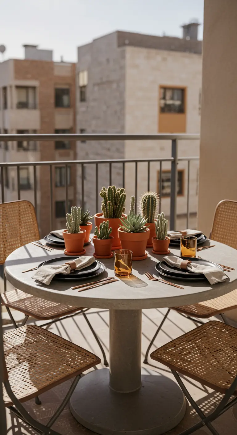 Gruppe von Kakteen in Terrakottatöpfen als Tisch-Mittelstück auf einem Balkon.