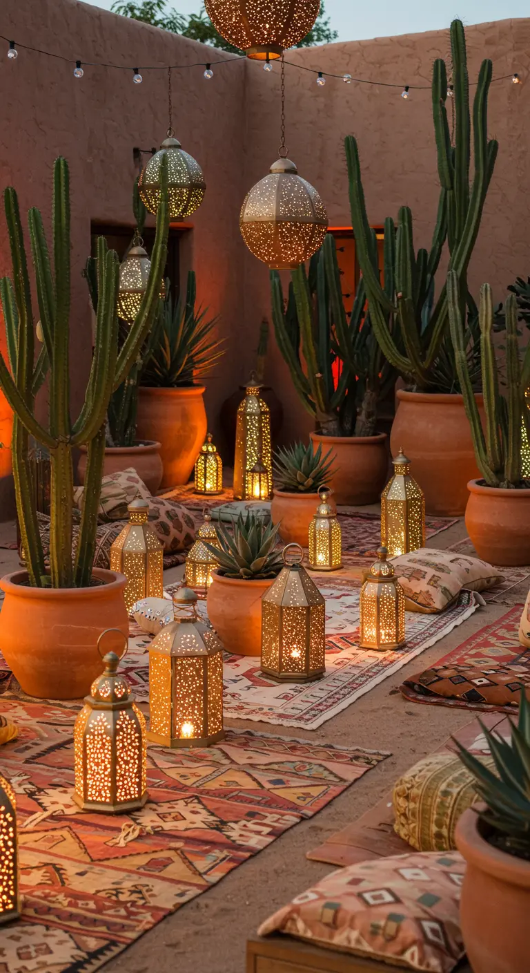 Marokkanische Laternen stehen zwischen großen Kakteen in Terrakotta-Töpfen auf Teppichen.