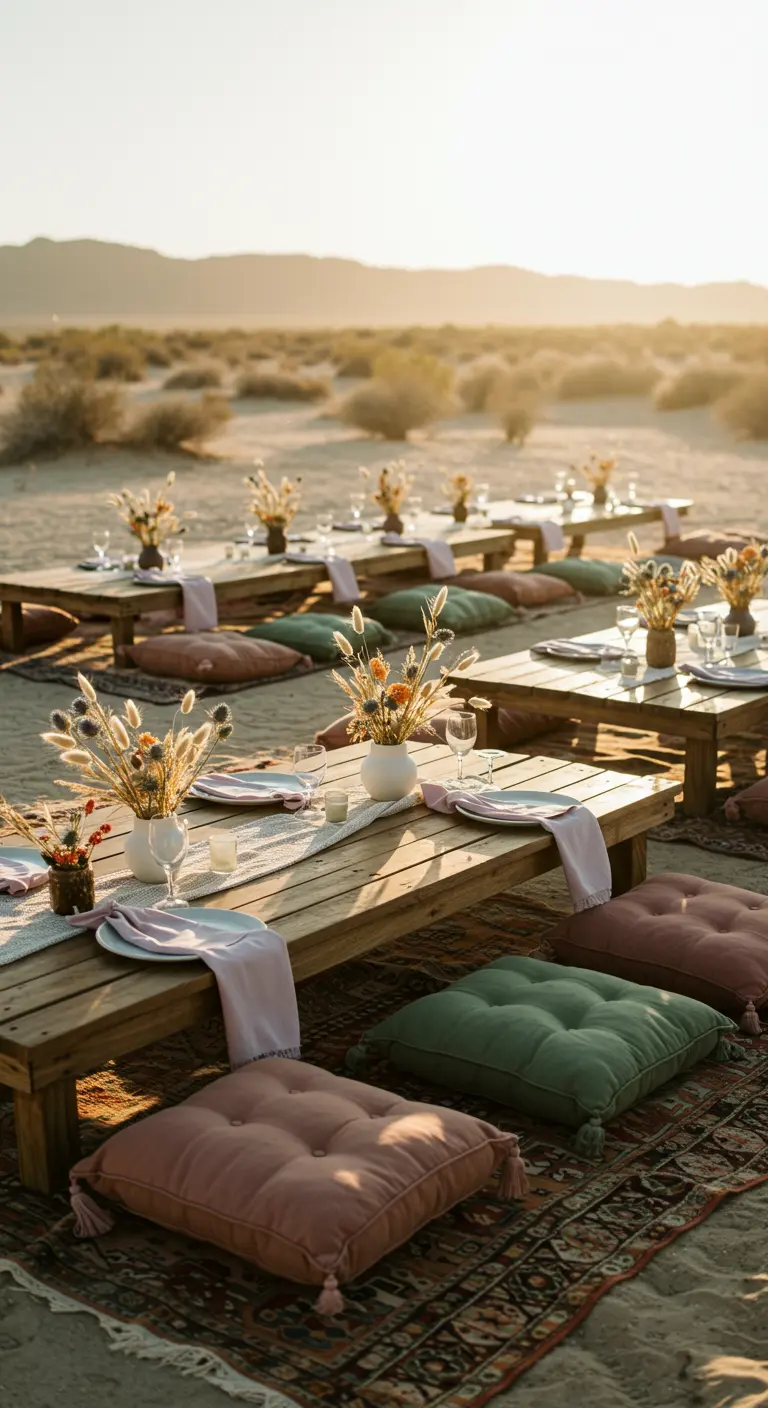 Niedrige Holztische mit Sitzkissen und kleinen Trockenblumenvasen in einer Wüstenlandschaft